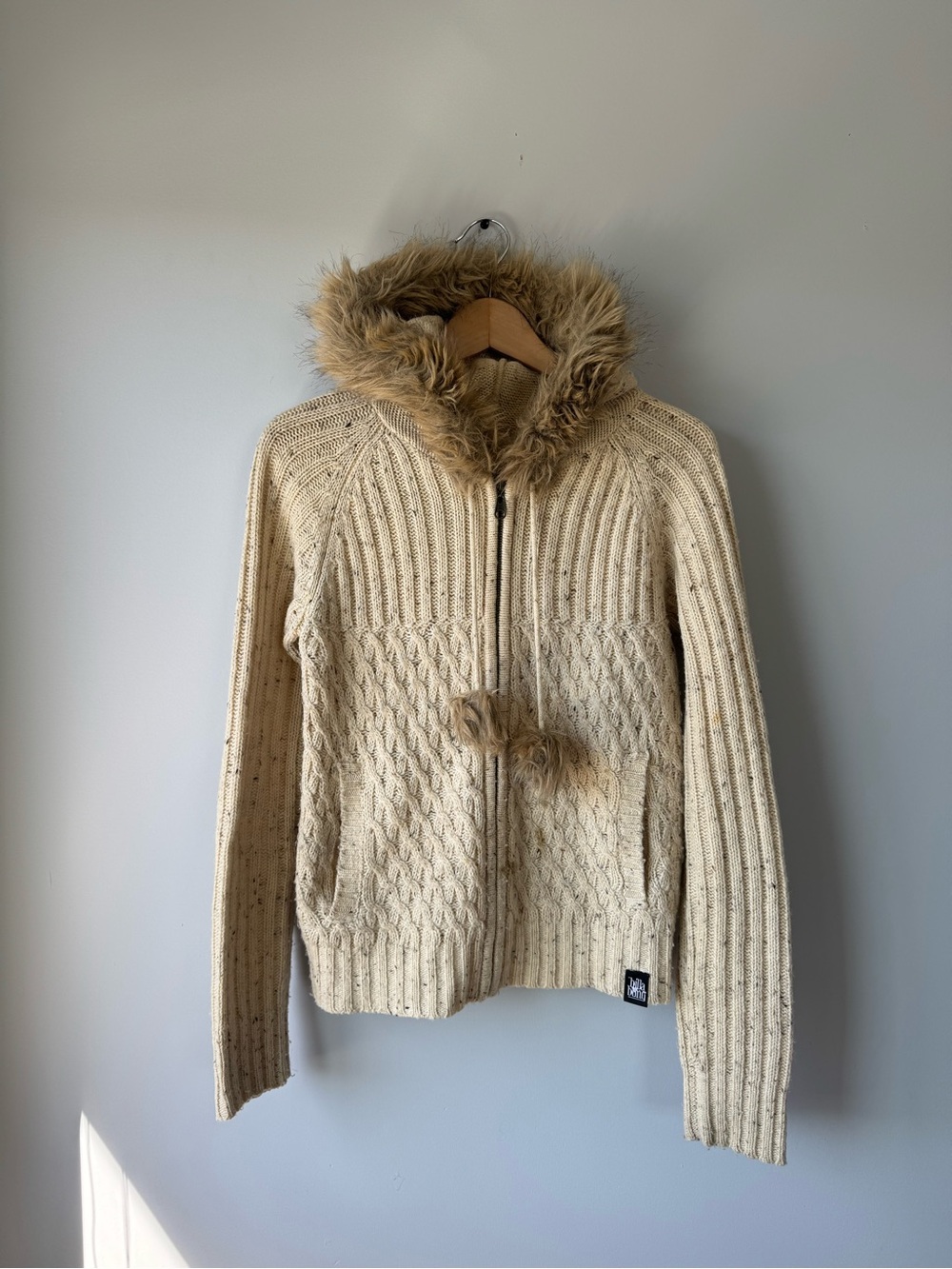 Billabong Cream Cable Knit Zip Hoodie with Faux Fur Trim